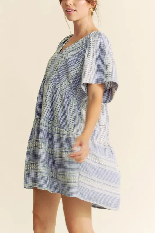 Davi & Dani Embroidered Stripe Ruffled Gingham Mini Dress 