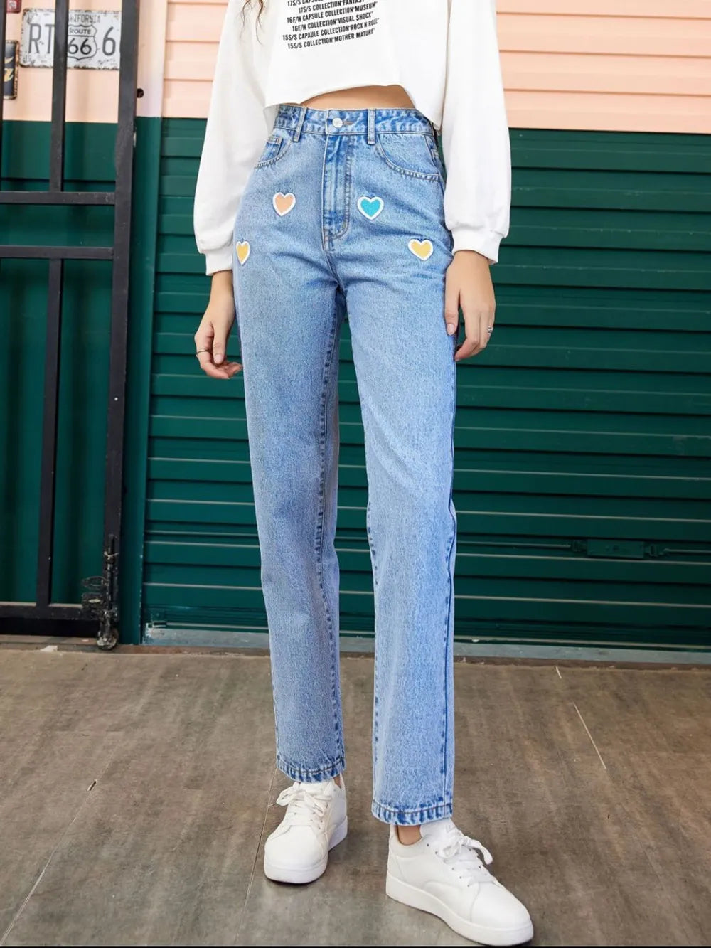 Heart Straight Leg Jeans with Pockets 