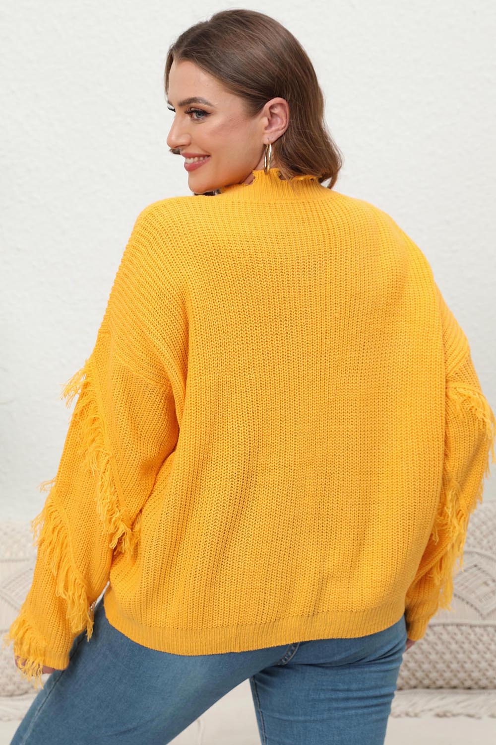 Plus Size Fringe V-Neck Long Sleeve Sweater 