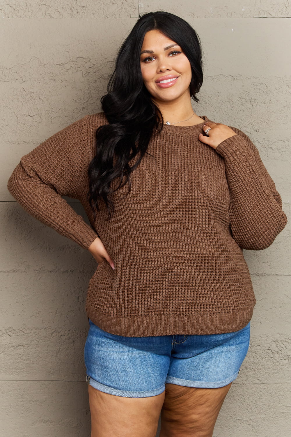 Zenana Breezy Days Plus Size High Low Waffle Knit Sweater 