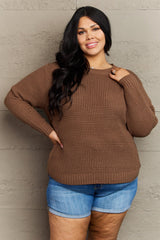 Zenana Breezy Days Plus Size High Low Waffle Knit Sweater 