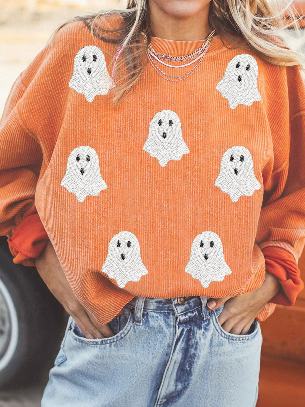 Halloween Ghost Sequin Patched Twisted Ribbed Texture Sweatshirt 