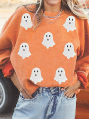 Halloween Ghost Sequin Patched Twisted Ribbed Texture Sweatshirt 