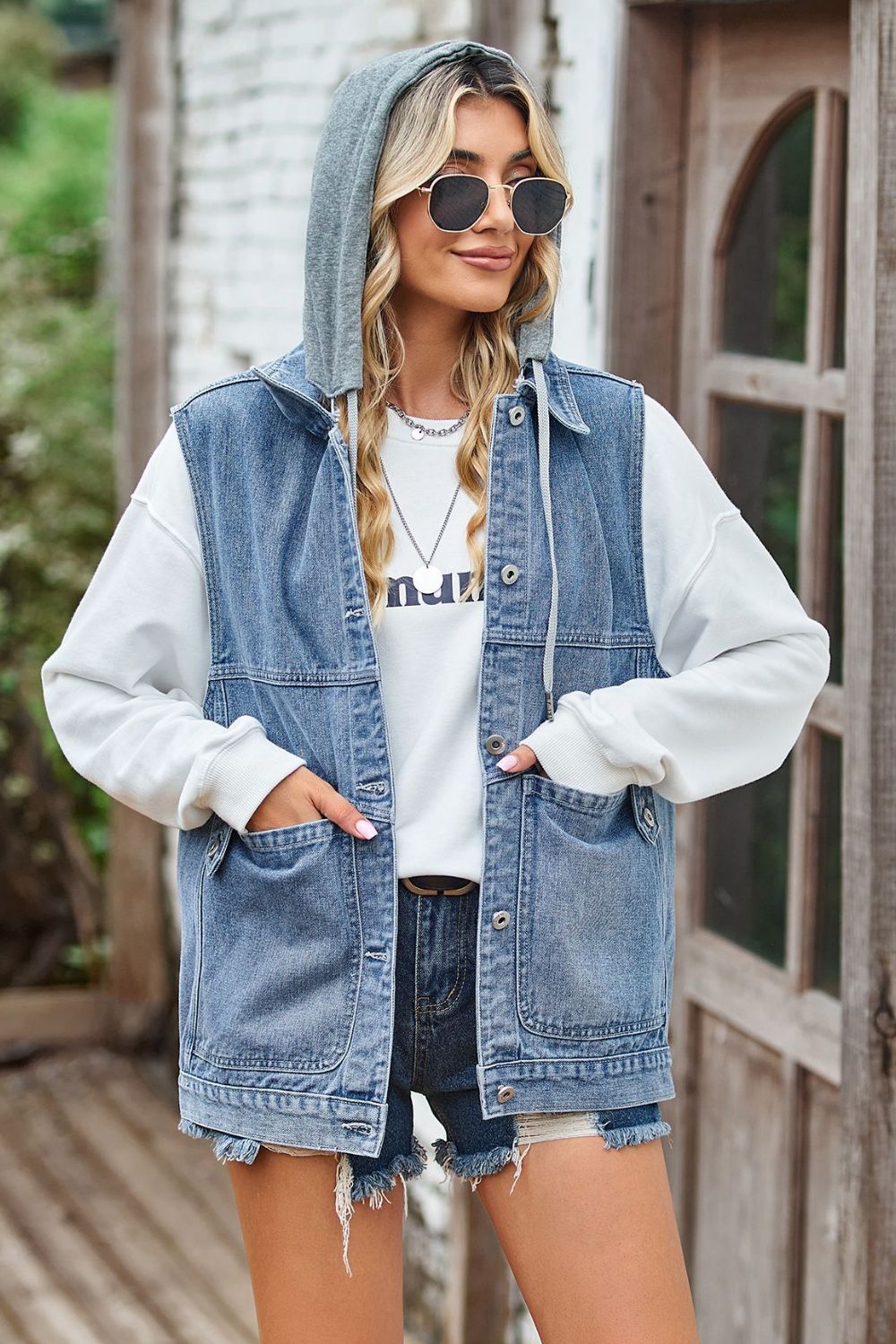Sleeveless Denim Top with A Detachable Hood 
