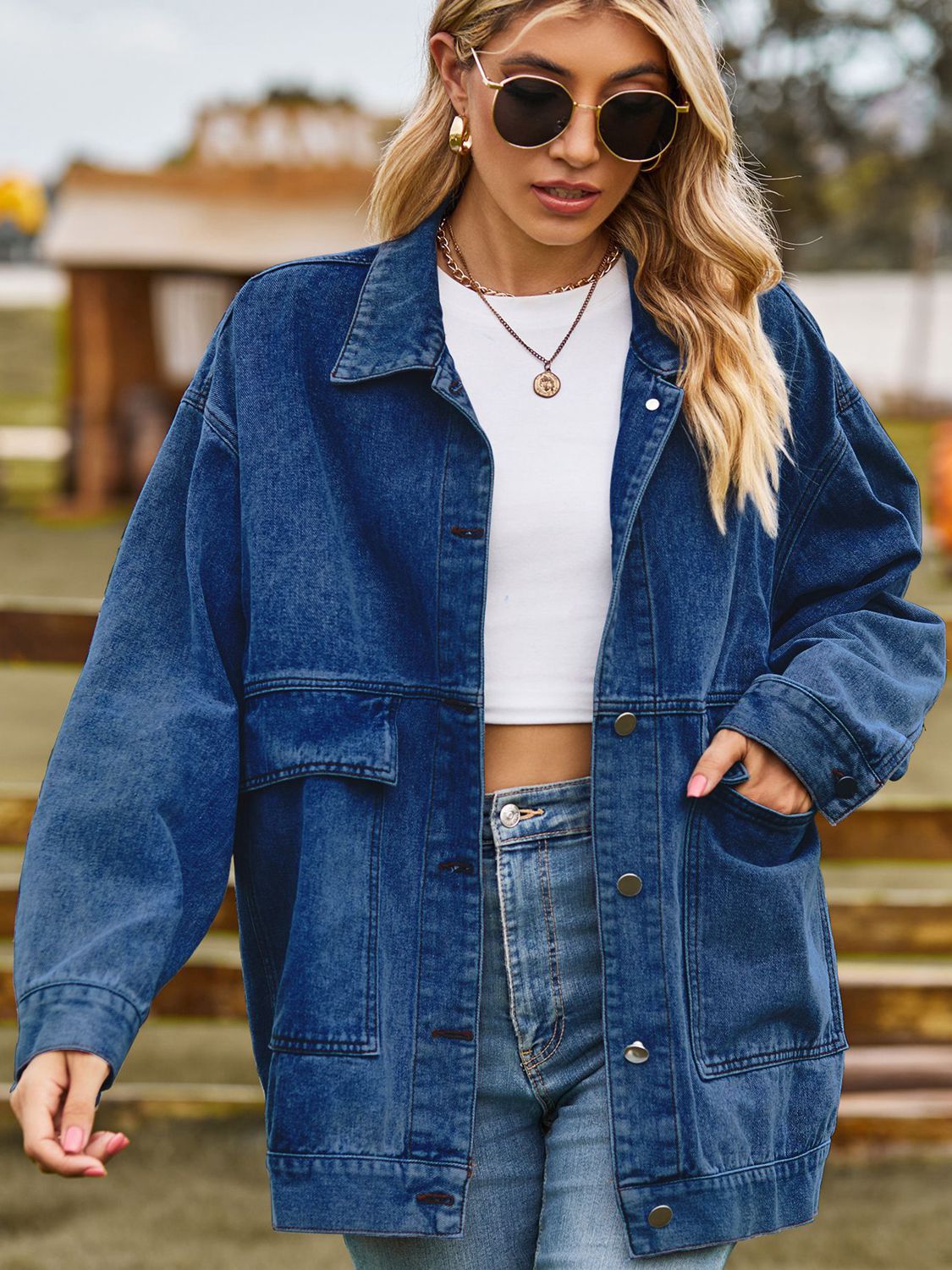 Dropped Shoulder Denim Jacket with Pockets 