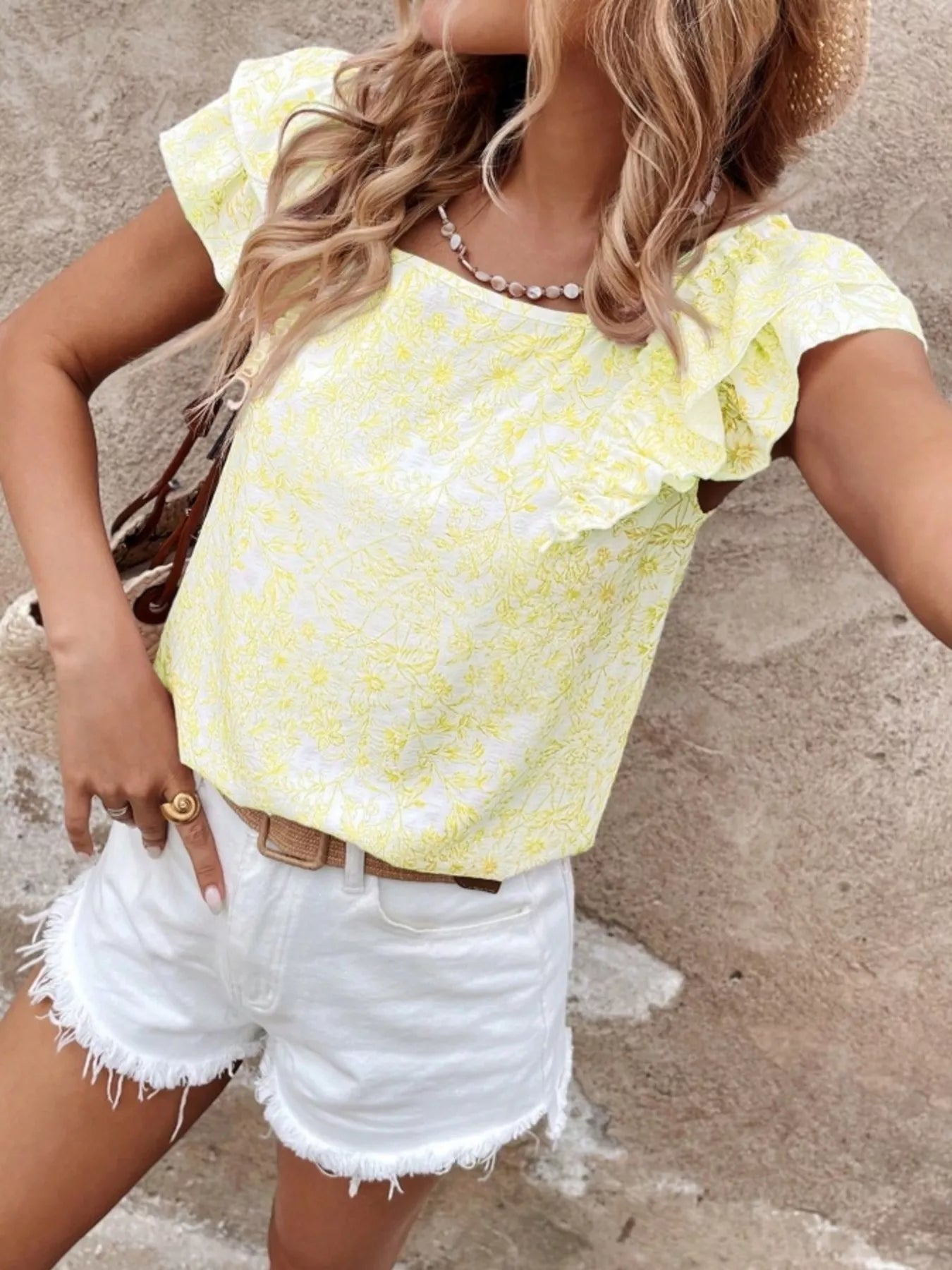 Floral Print Ruffle Trim Blouse 