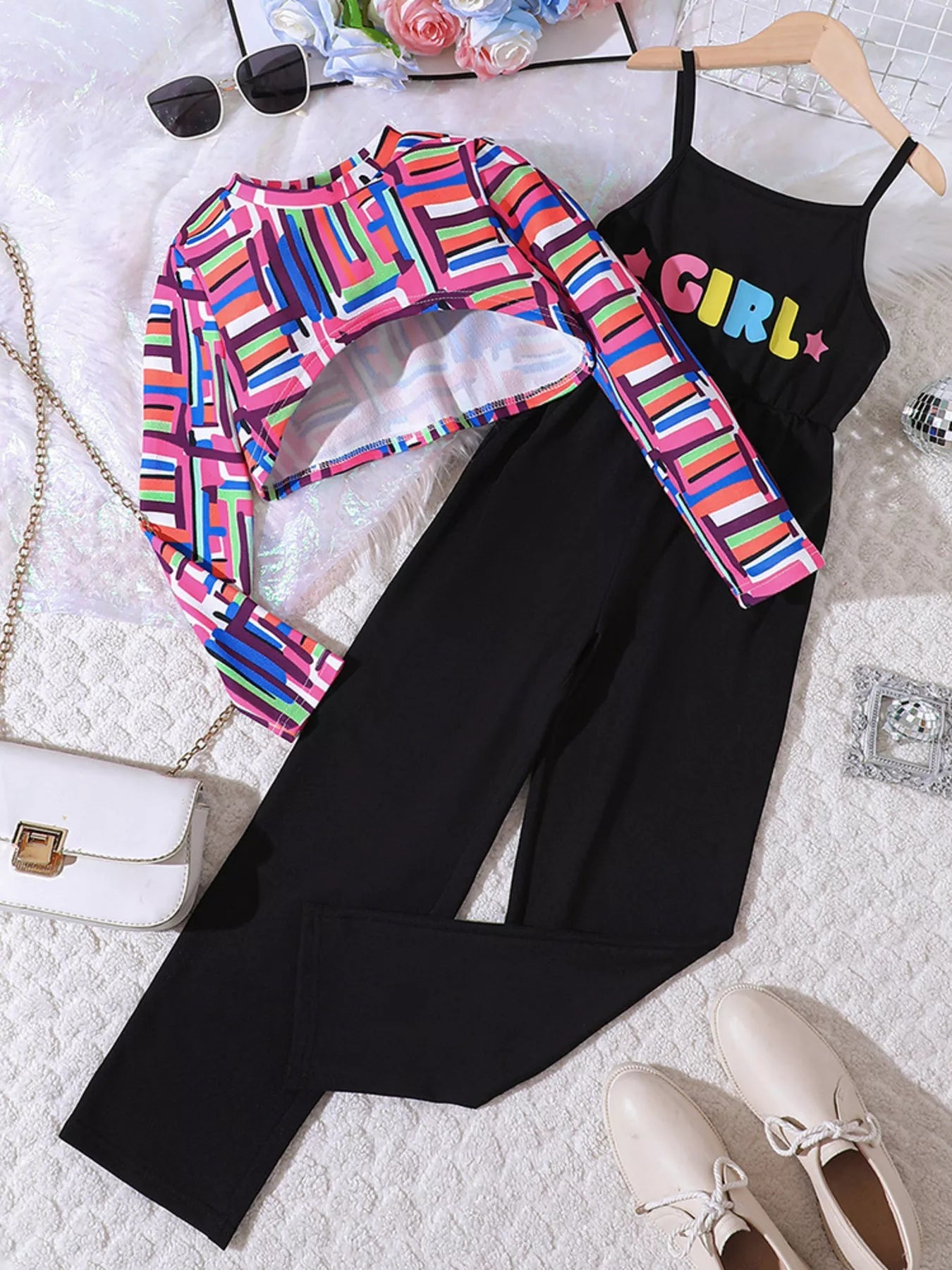 Children's Colorful Geometric Print Top & Jumpsuit Set 