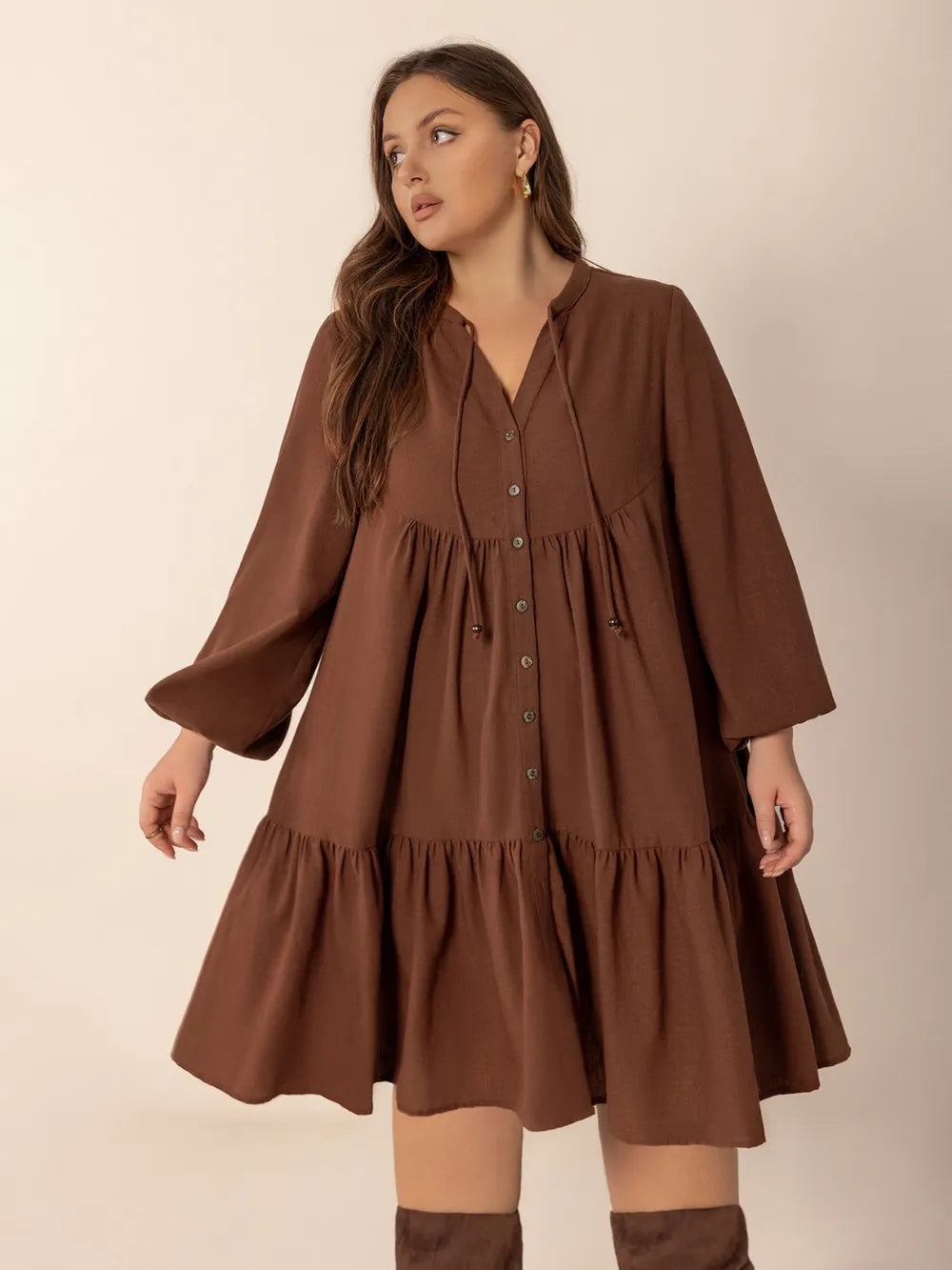 Plus Size Tie Neck Balloon Sleeve Tiered Dress 