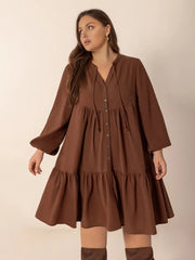Plus Size Tie Neck Balloon Sleeve Tiered Dress 
