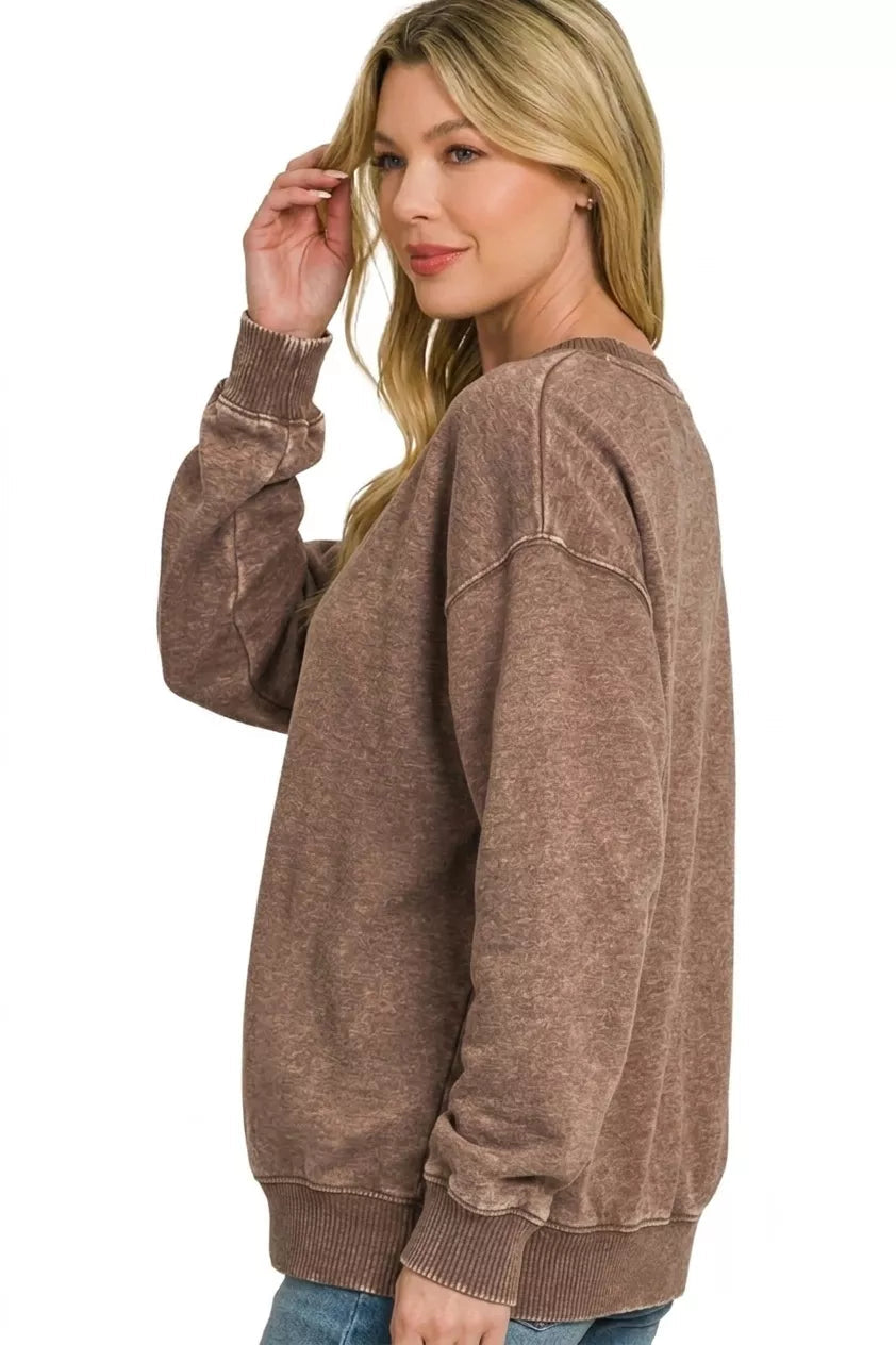 Zenana Fleece Acid Enzyme Washed Round Neck Sweatshirts 