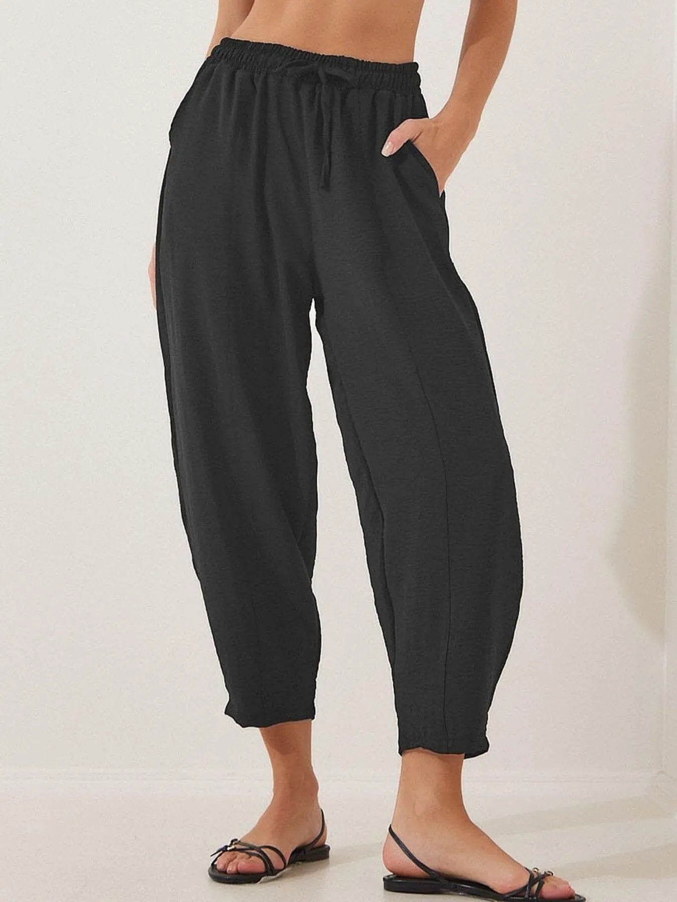Full Size Drawstring Wide Leg Cropped Pants Plus Size 
