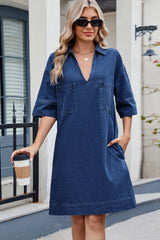 Johnny Collar Half Sleeve Denim Dress 