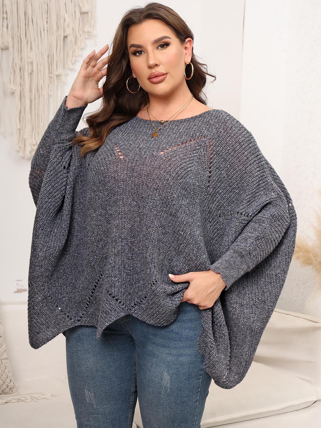 Plus Size Round Neck Batwing Sleeve Sweater 