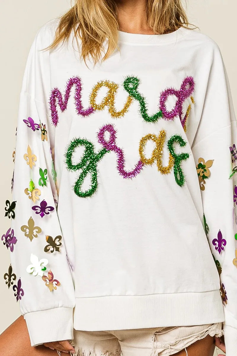 BiBi Fleur De Lis Sleeve Mardi Gras Pullover 