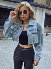 Distressed Raw Hem Cropped Denim Jacket 