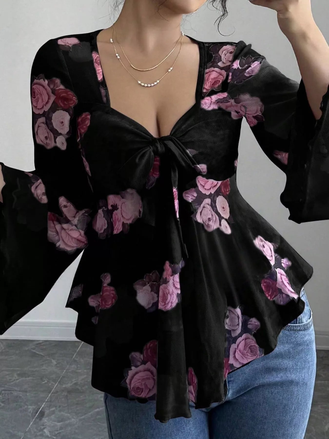 Floral Print Tie Front Flare Sleeve Blouse 