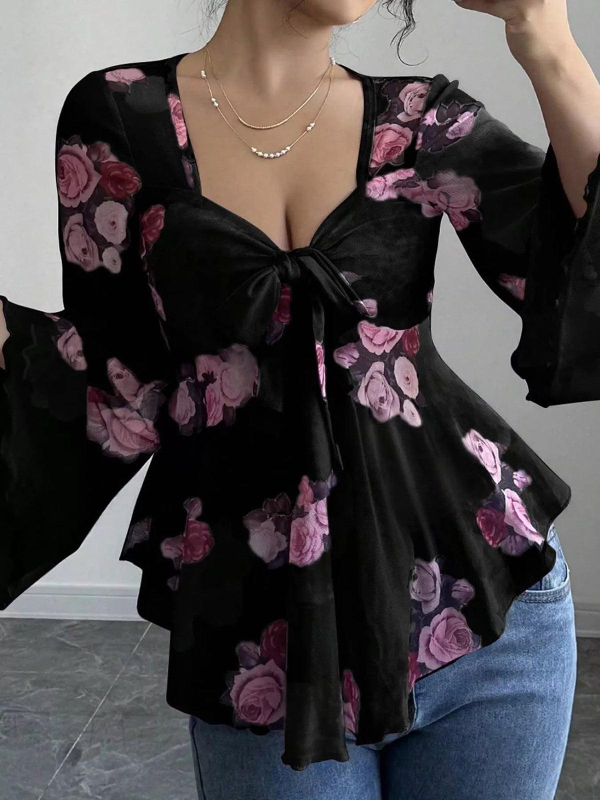 Floral Print Tie Front Flare Sleeve Blouse 
