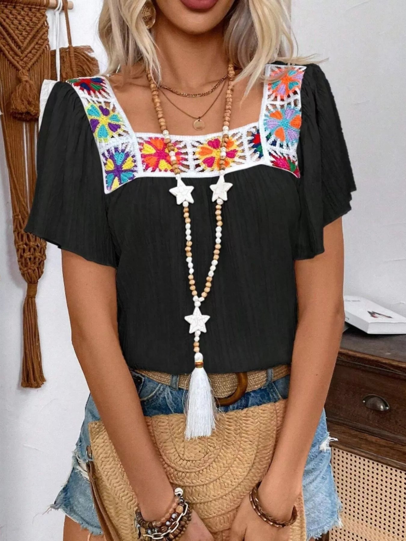 Embroidered Square Neck Flutter Sleeve Blouse 