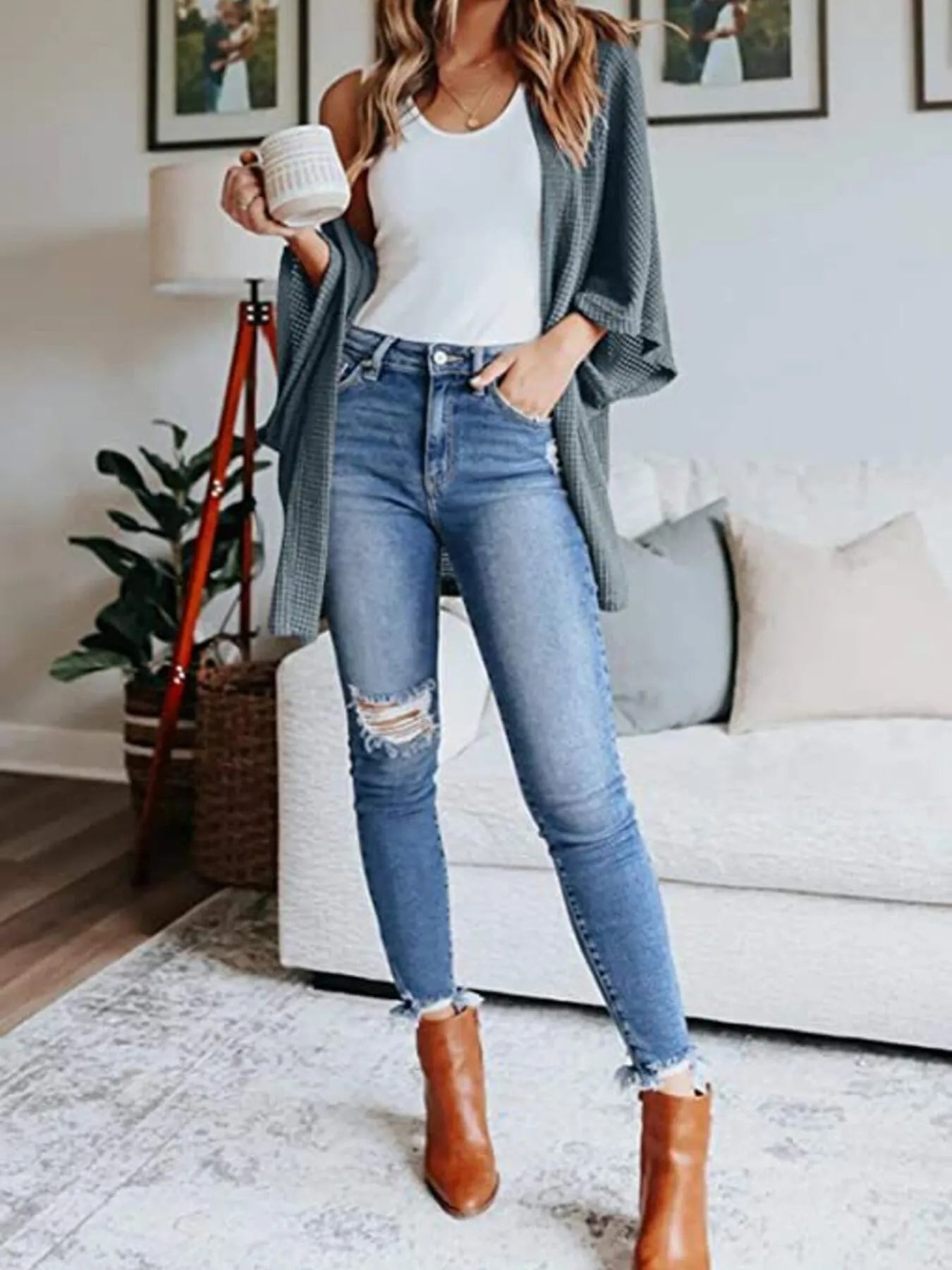 Full Size Open Front Waffle Knit Cardigan Plus Size 