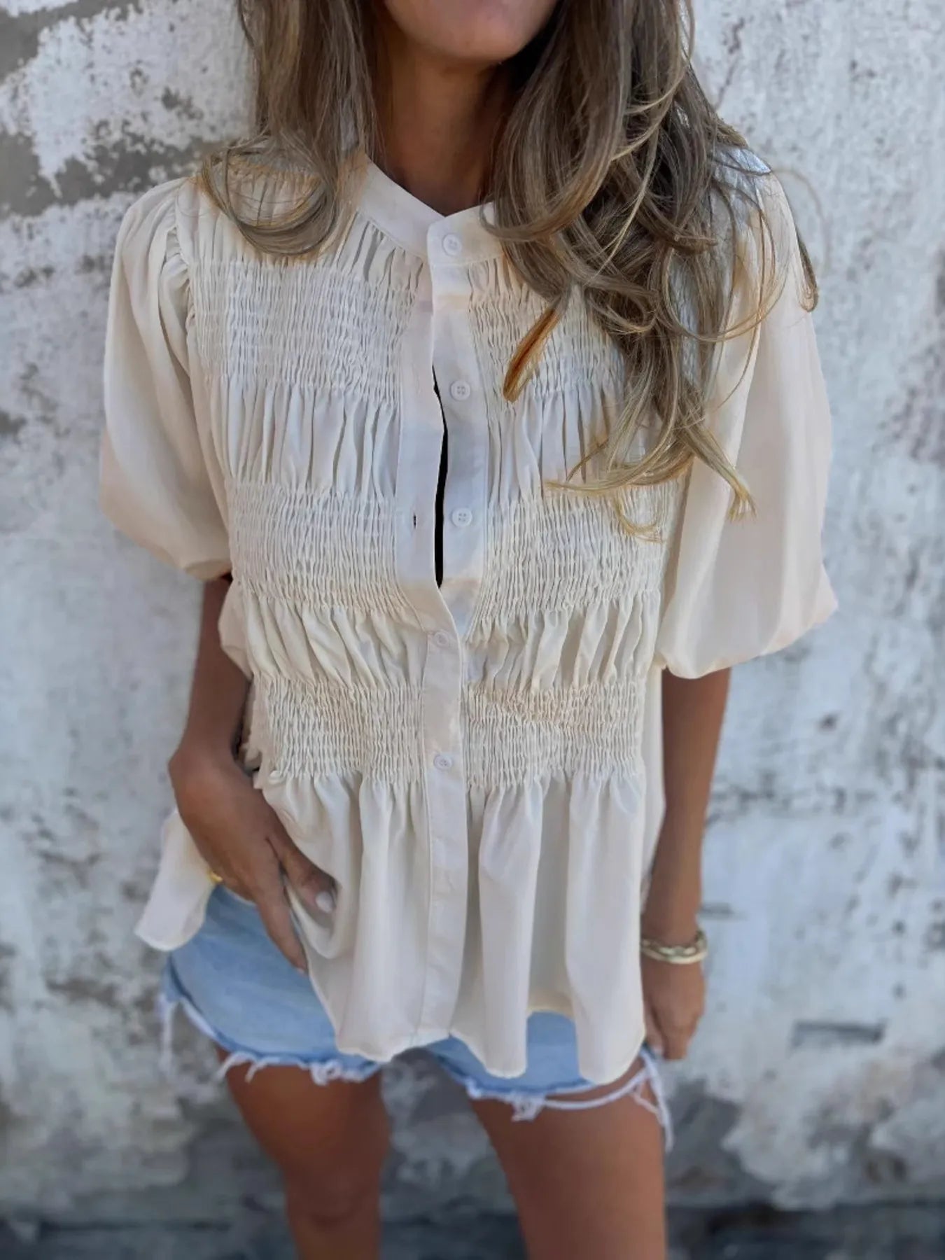 Full Size Smocked Button Front Puff Sleeve Shirt Plus Size 