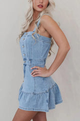 Ruffled Hem Button Front Square Neck Denim Dress 