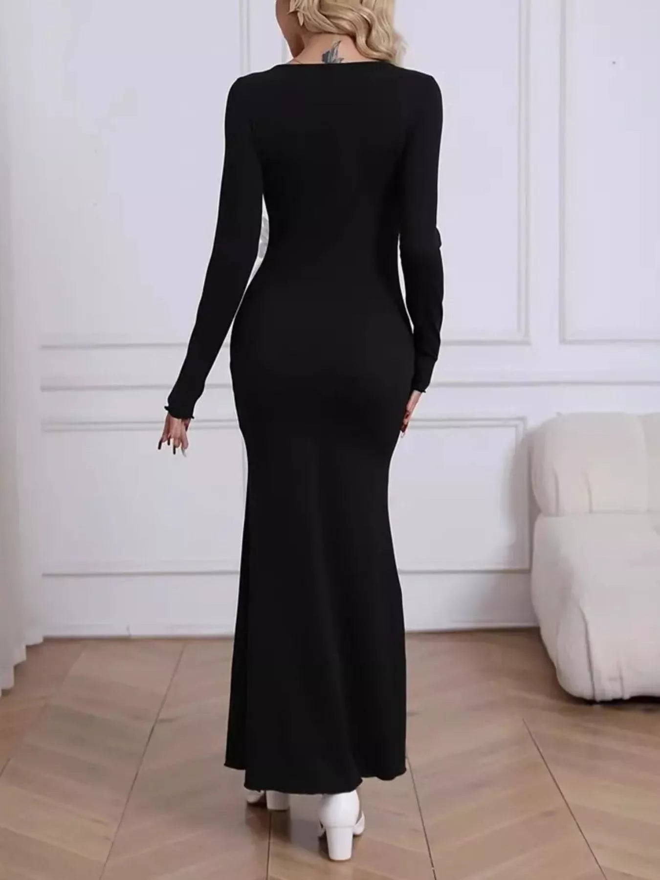 Mesh Panel Long Sleeve Maxi Dress 