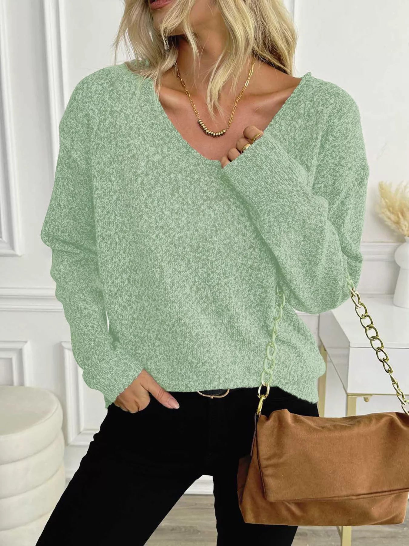 Casual V-Neck Drop Shoulder Sweater 