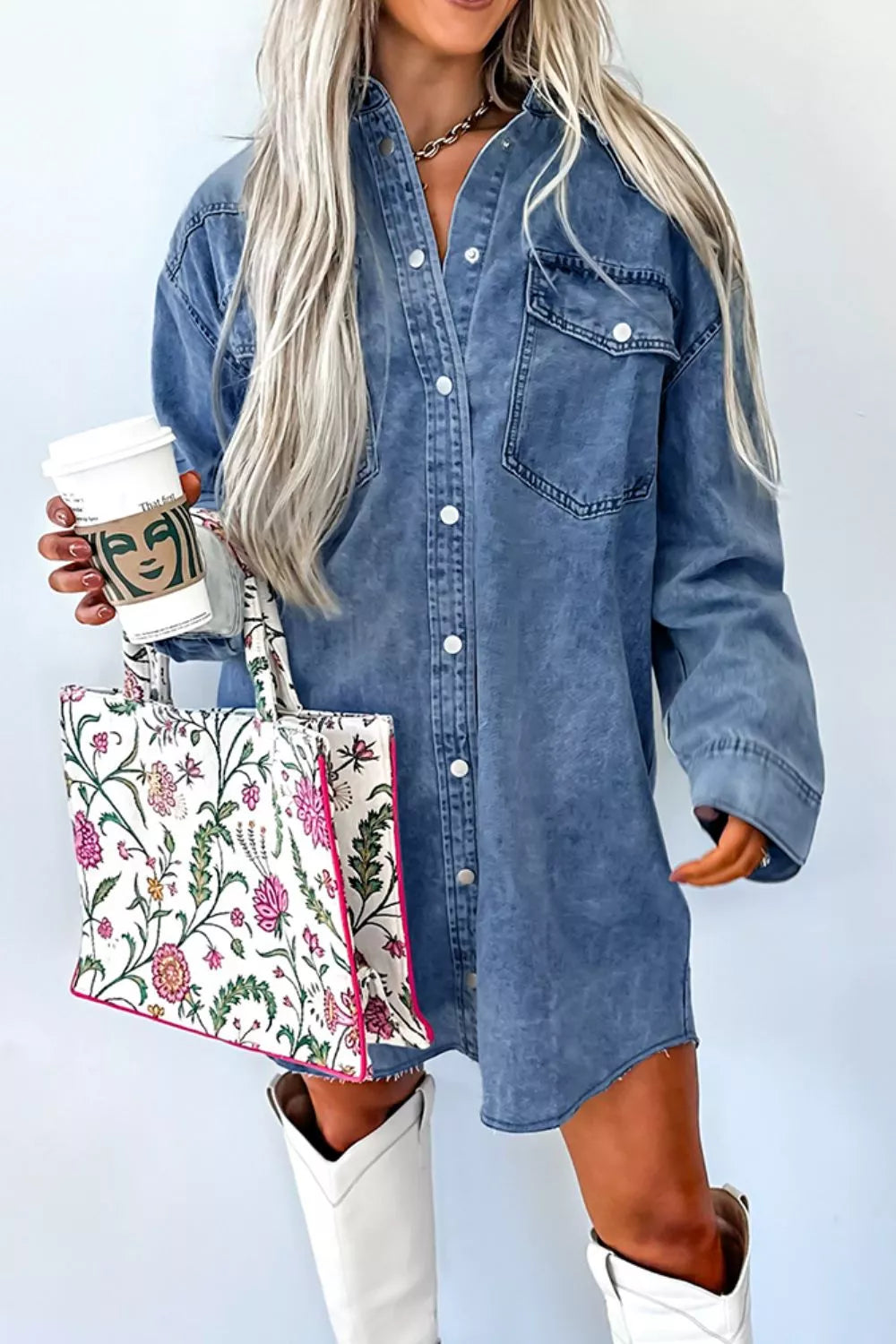 Vintage Wash Button-Down Denim Dress 