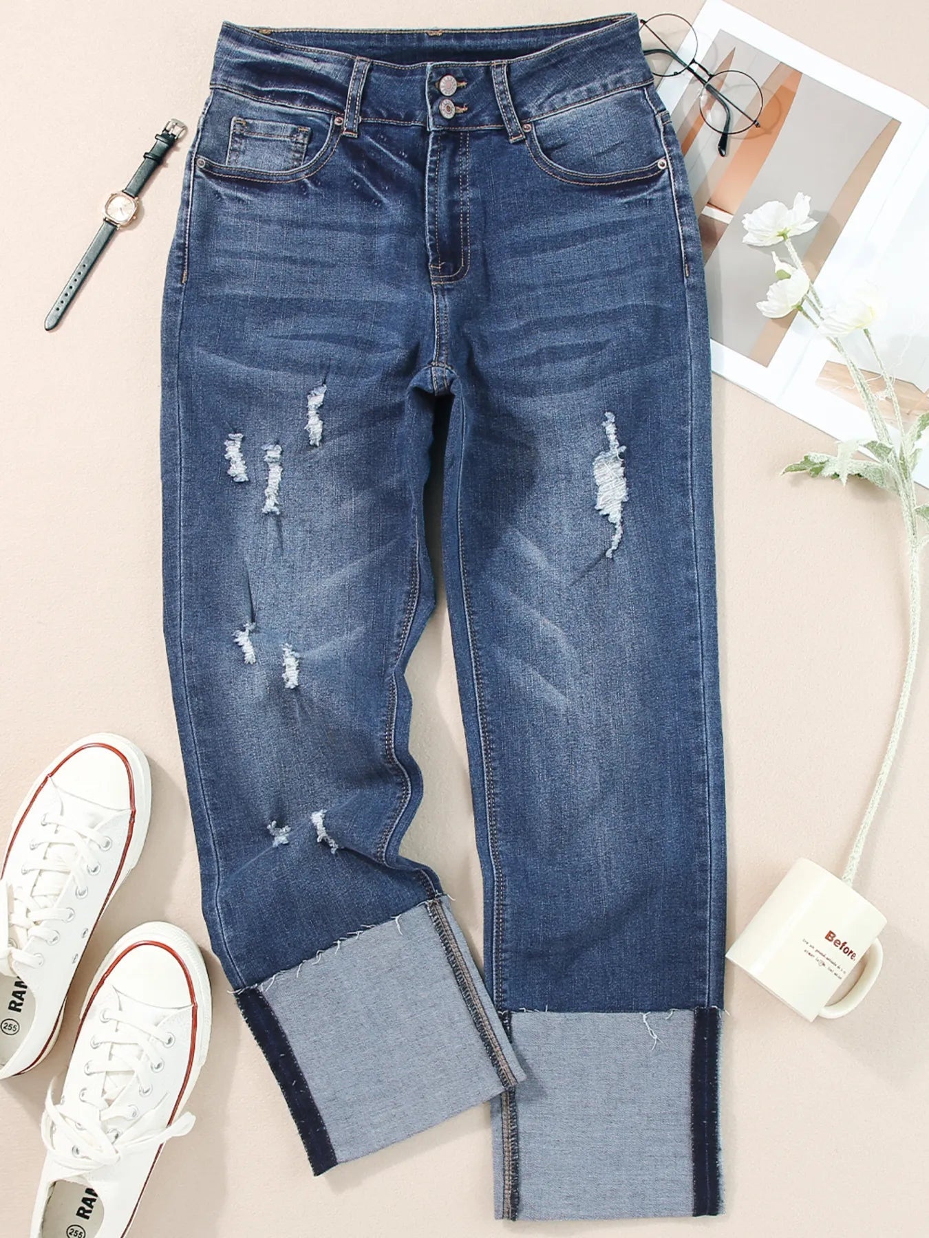 High Waist Distressed Straight Leg Jeans 