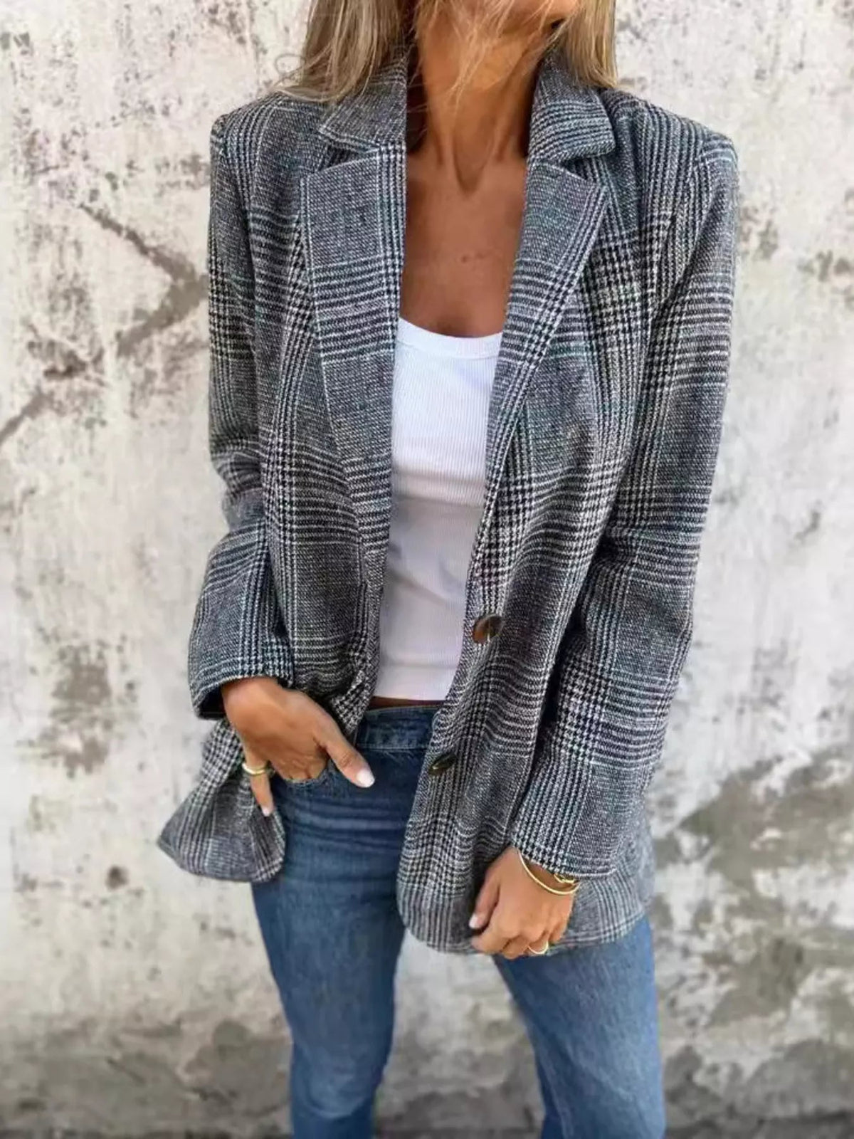 Full Size Plaid Single-Breasted Long Sleeve Blazer Plus Size 