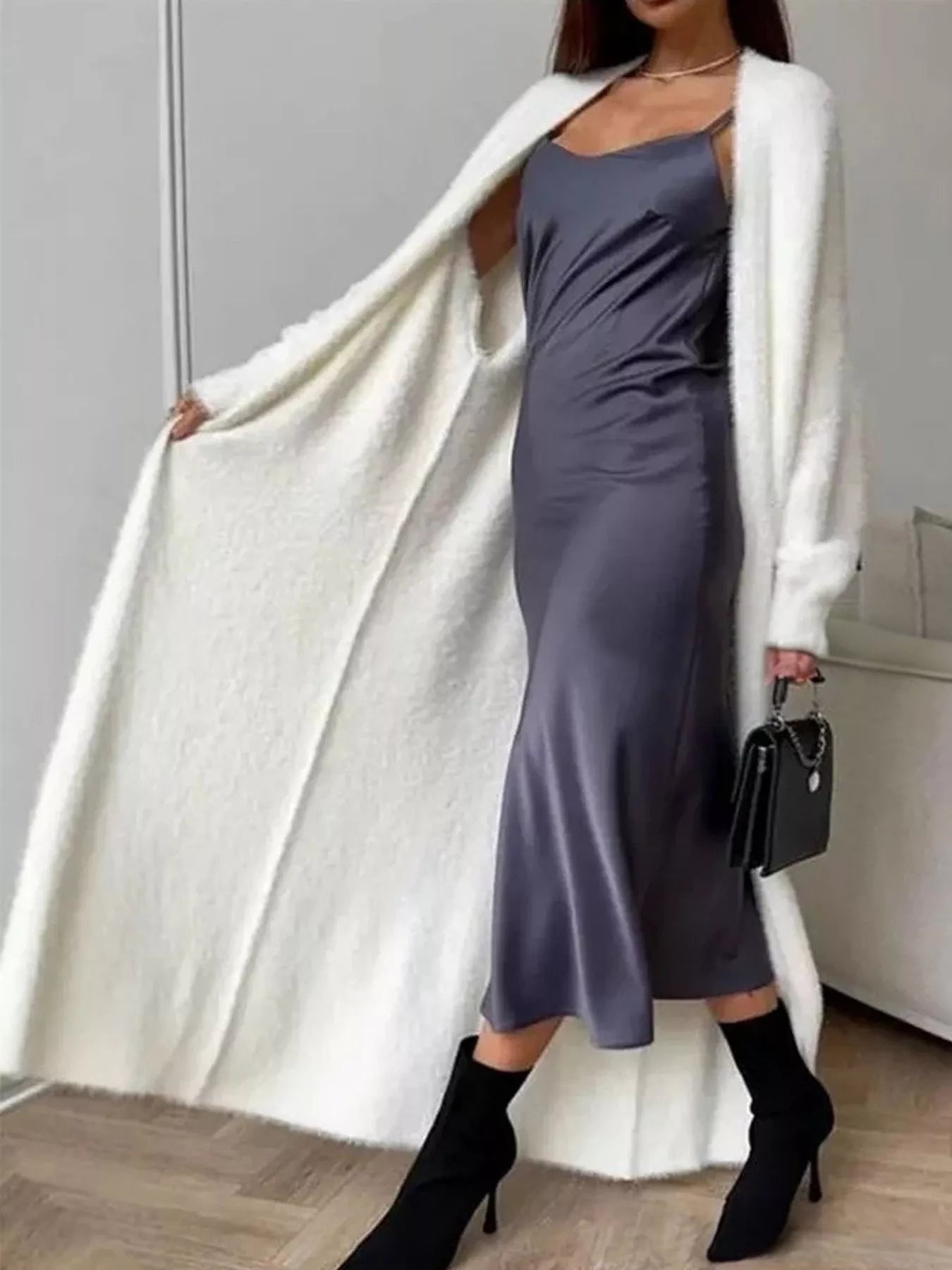 Fuzzy Open Front Longline Cardigan 