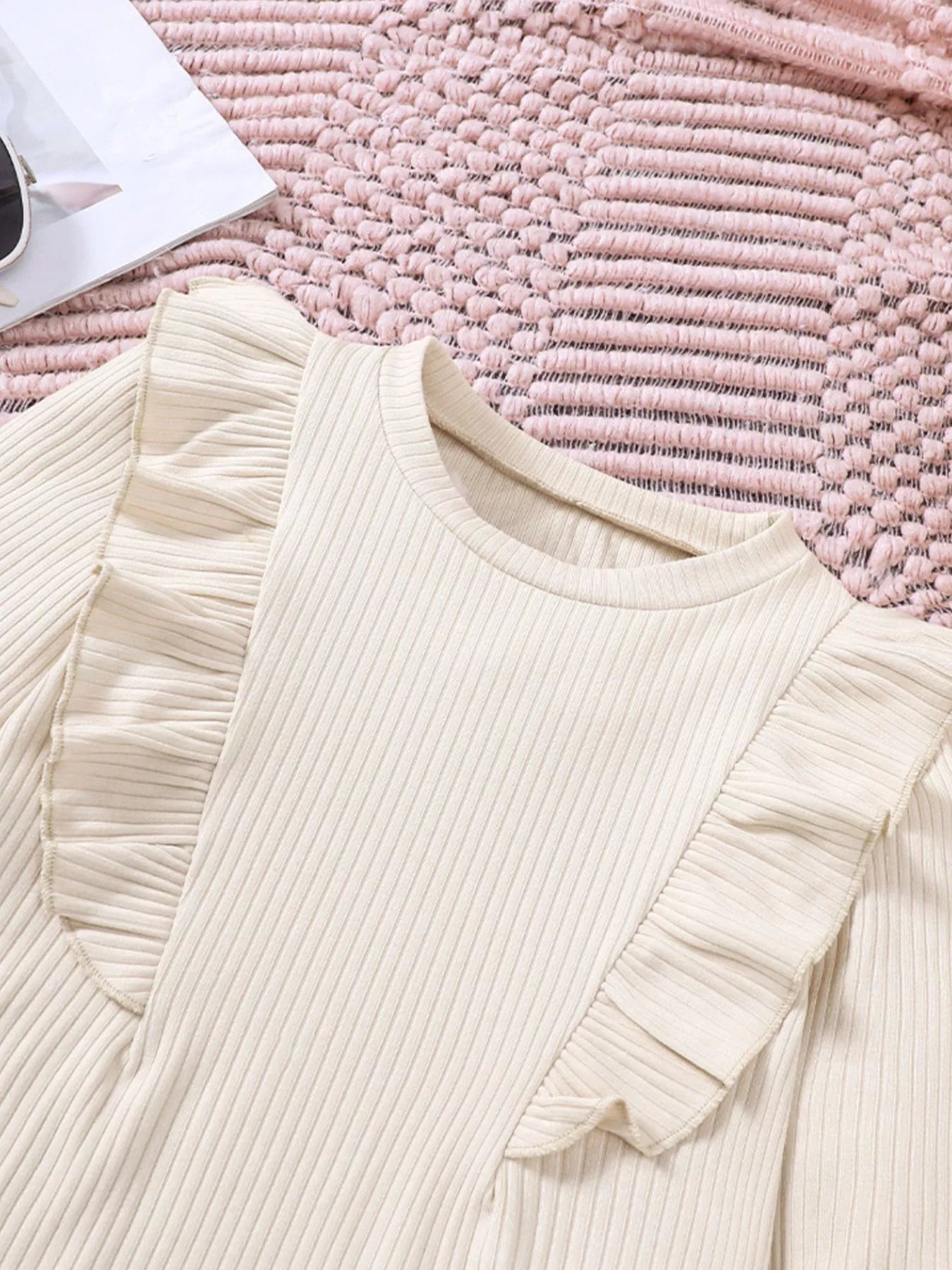 Children's Ruffle Trim Ribbed Top & Corduroy Pants Set 