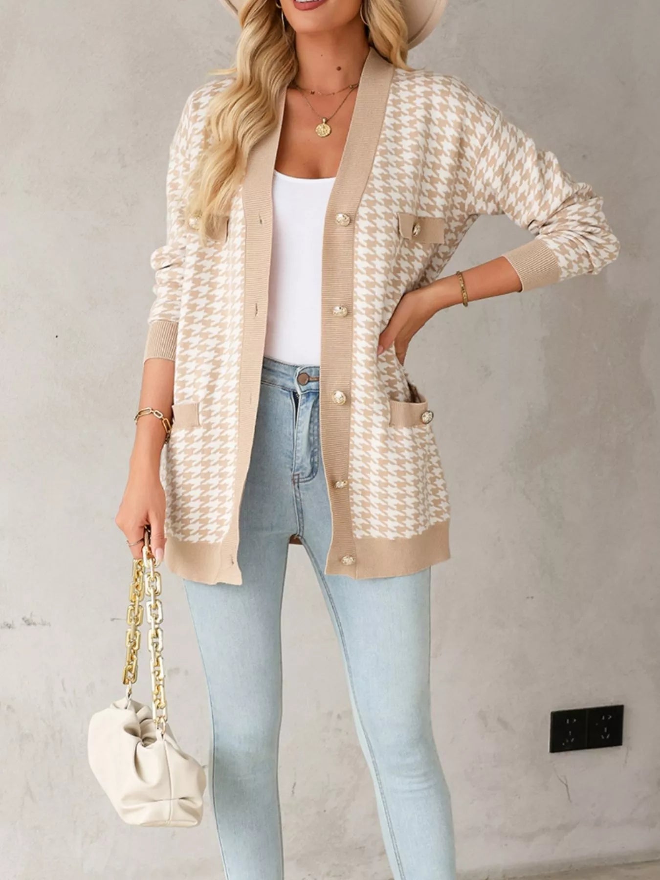 Contrast Edge Metal Button Slim Cardigan with Pockets 