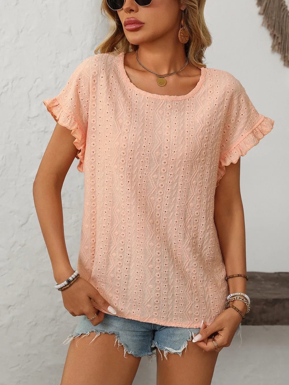 Mandy Eyelet Round Neck Short Sleeve Top 