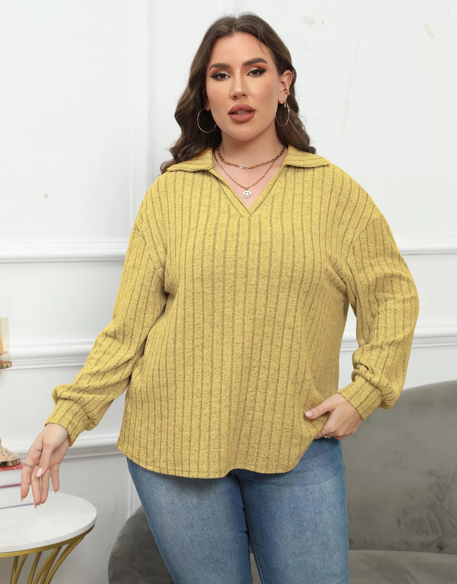 Plus Size Ribbed Knit Polo Collar T-Shirt 