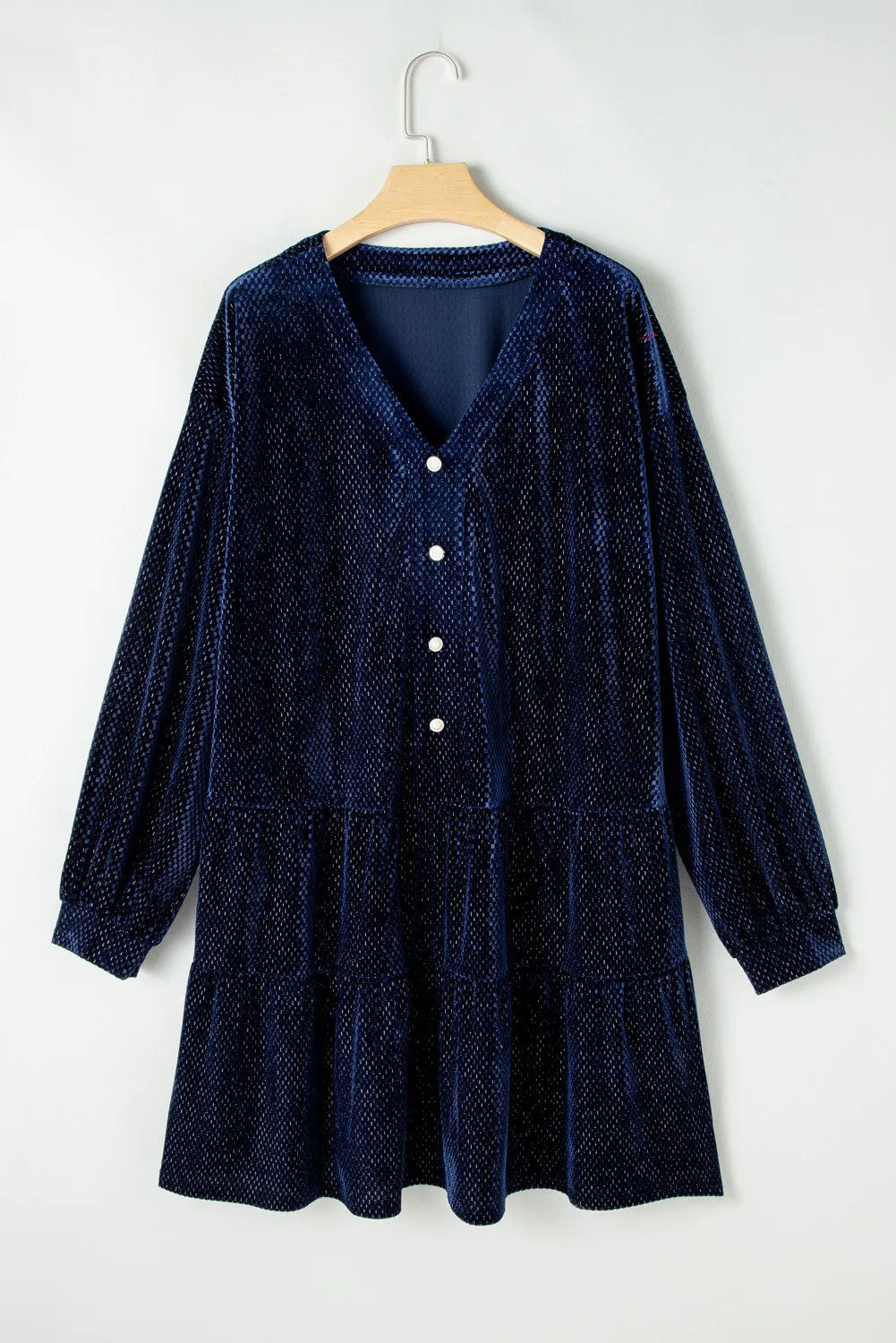 Plus Size Textured Velvet Decorative Button Long Sleeve Dress 