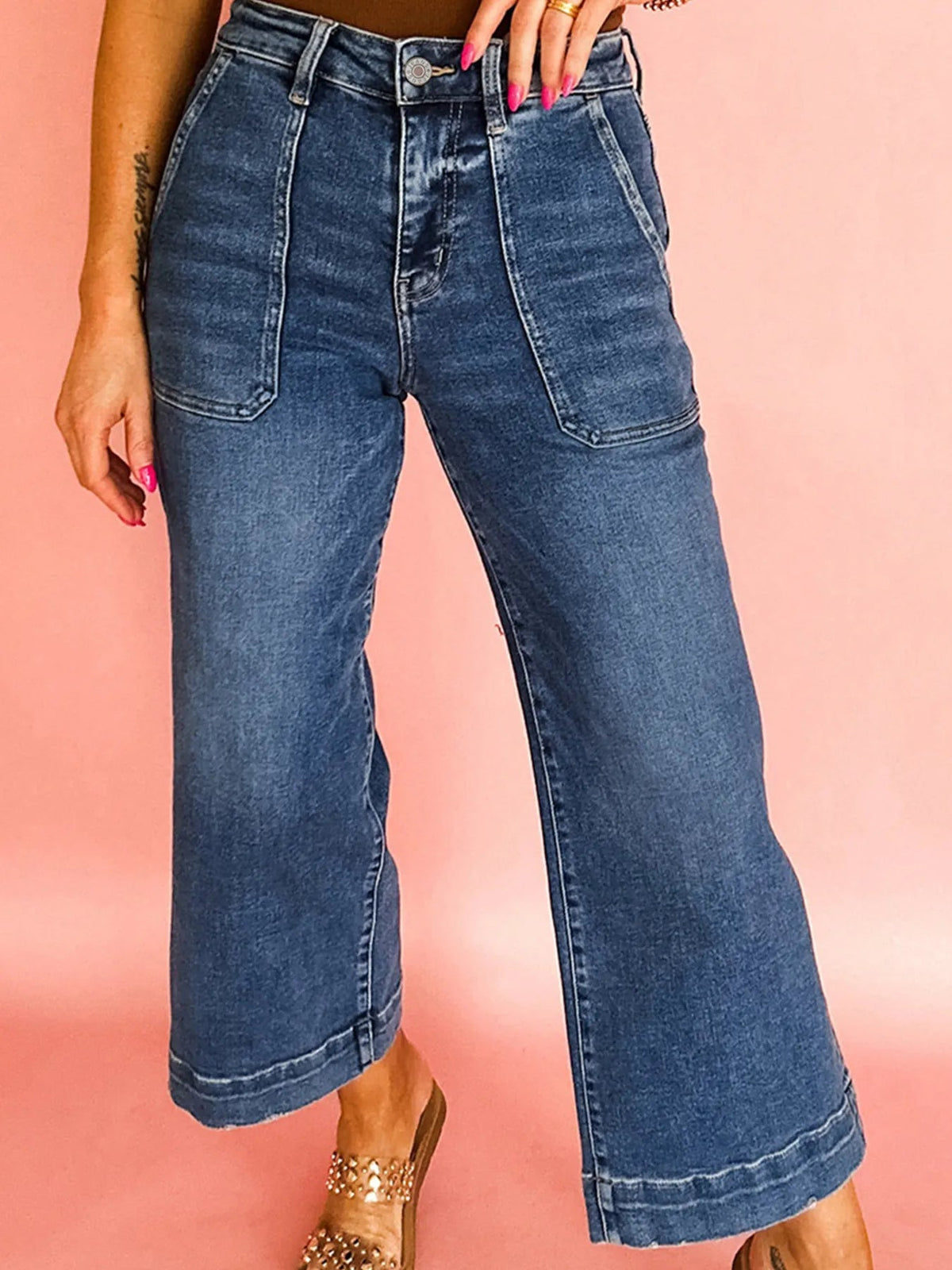 Cropped High Rise Wide Leg Jeans 