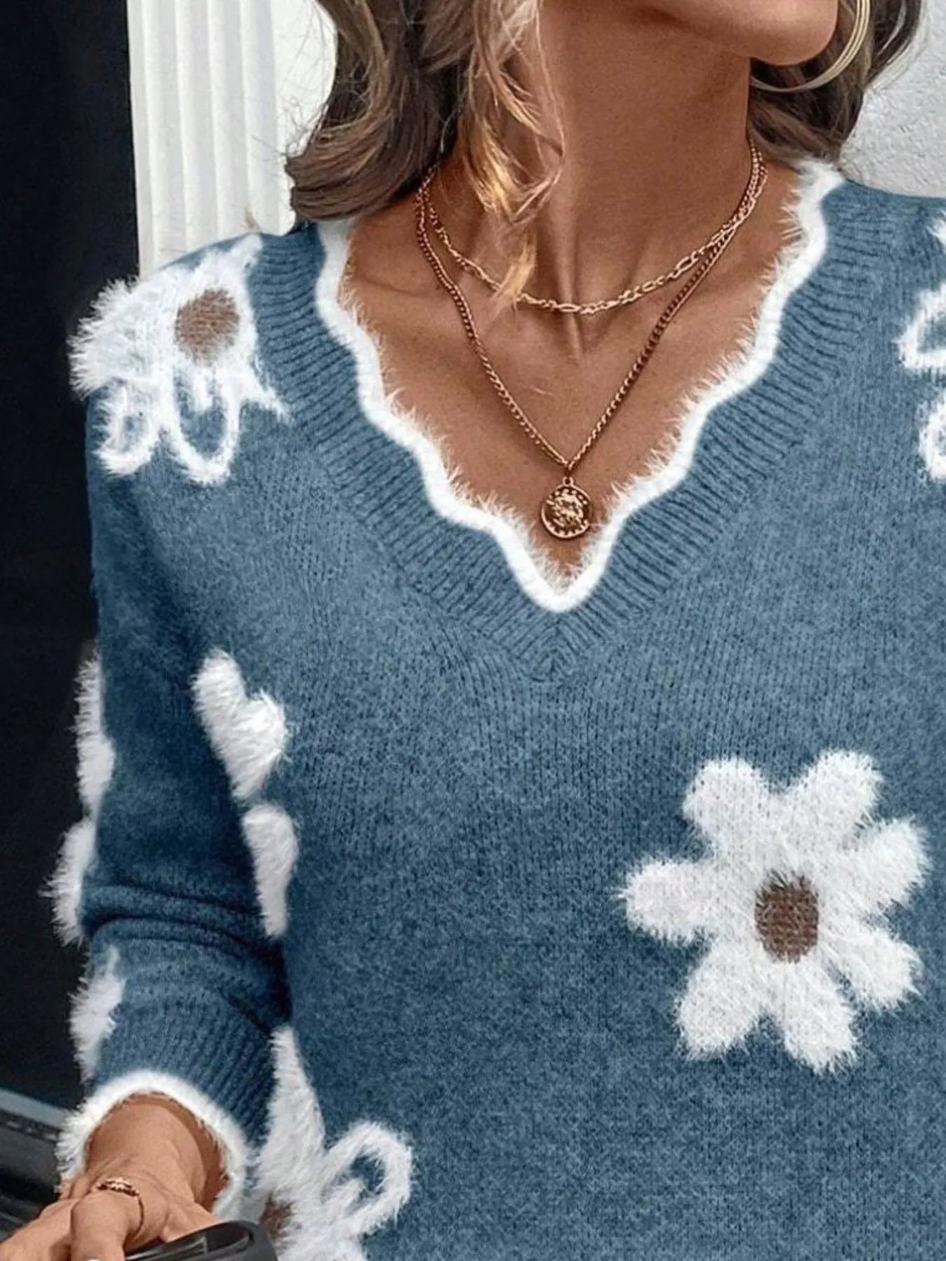 Floral V-Neck Long Sleeve Sweater 