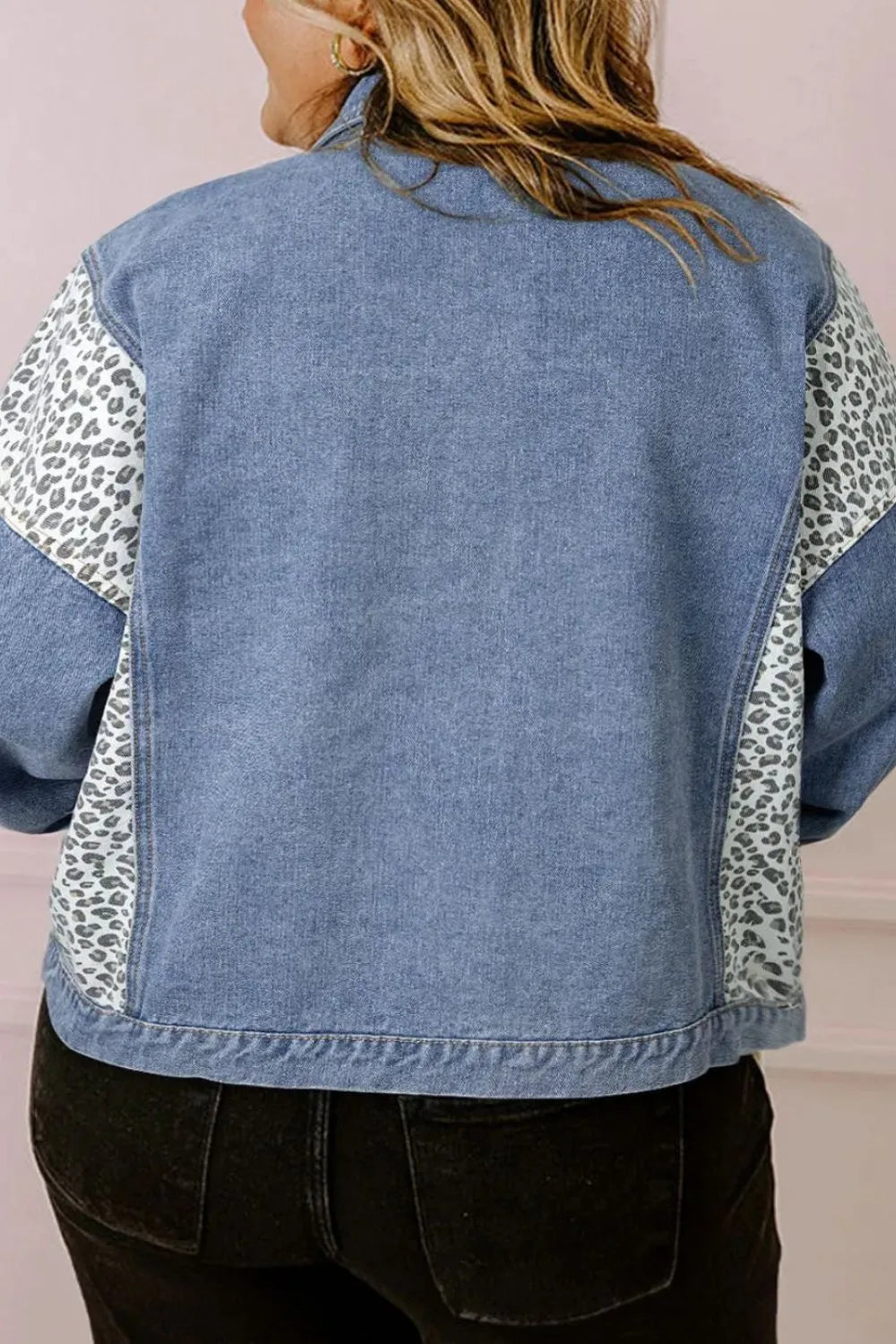 Plus Size Leopard Long Sleeve Denim Jacket 