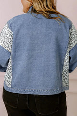 Plus Size Leopard Long Sleeve Denim Jacket 