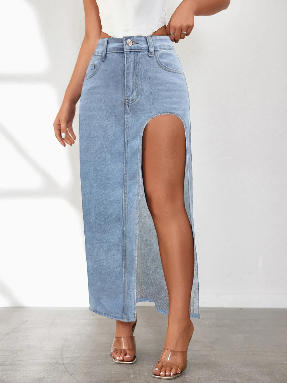 High Rise Slit Denim Skirt 