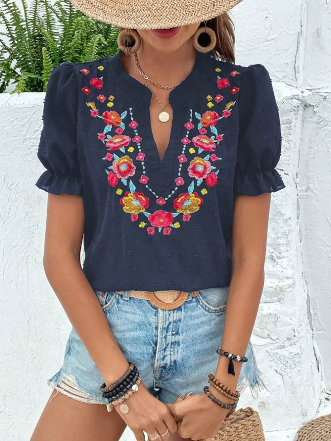 Floral Embroidered Puff Sleeve Blouse 