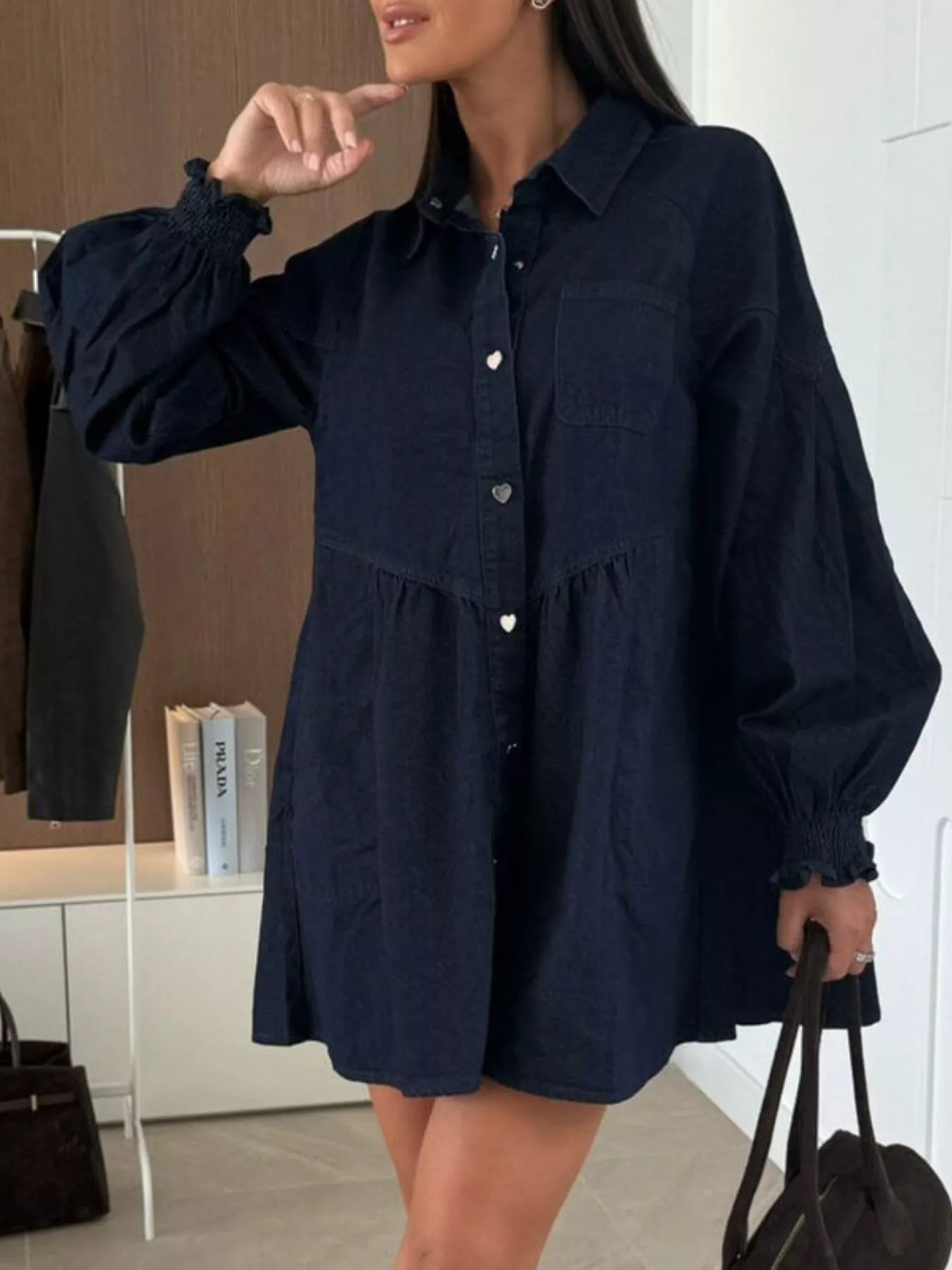 Button Down Mini Denim Dress with Front Pockets 
