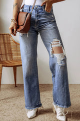 Distressed Straight Leg Jeans with Pockets 
