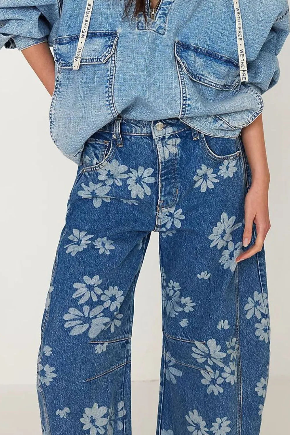 Flower Print Wide Leg Jeans 