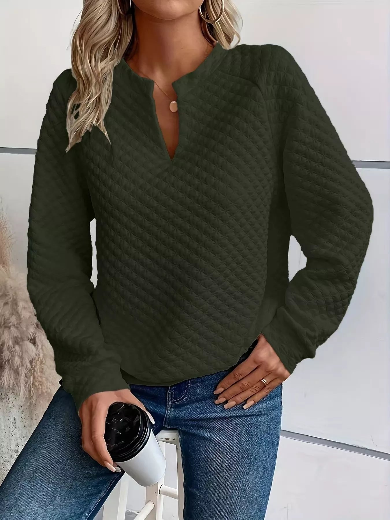 Textured Notched Raglan Sleeve Sweatshirt 