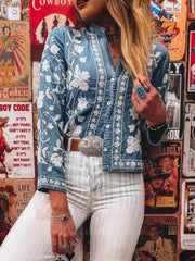 Floral Embroidered Button Up Denim Shirt 