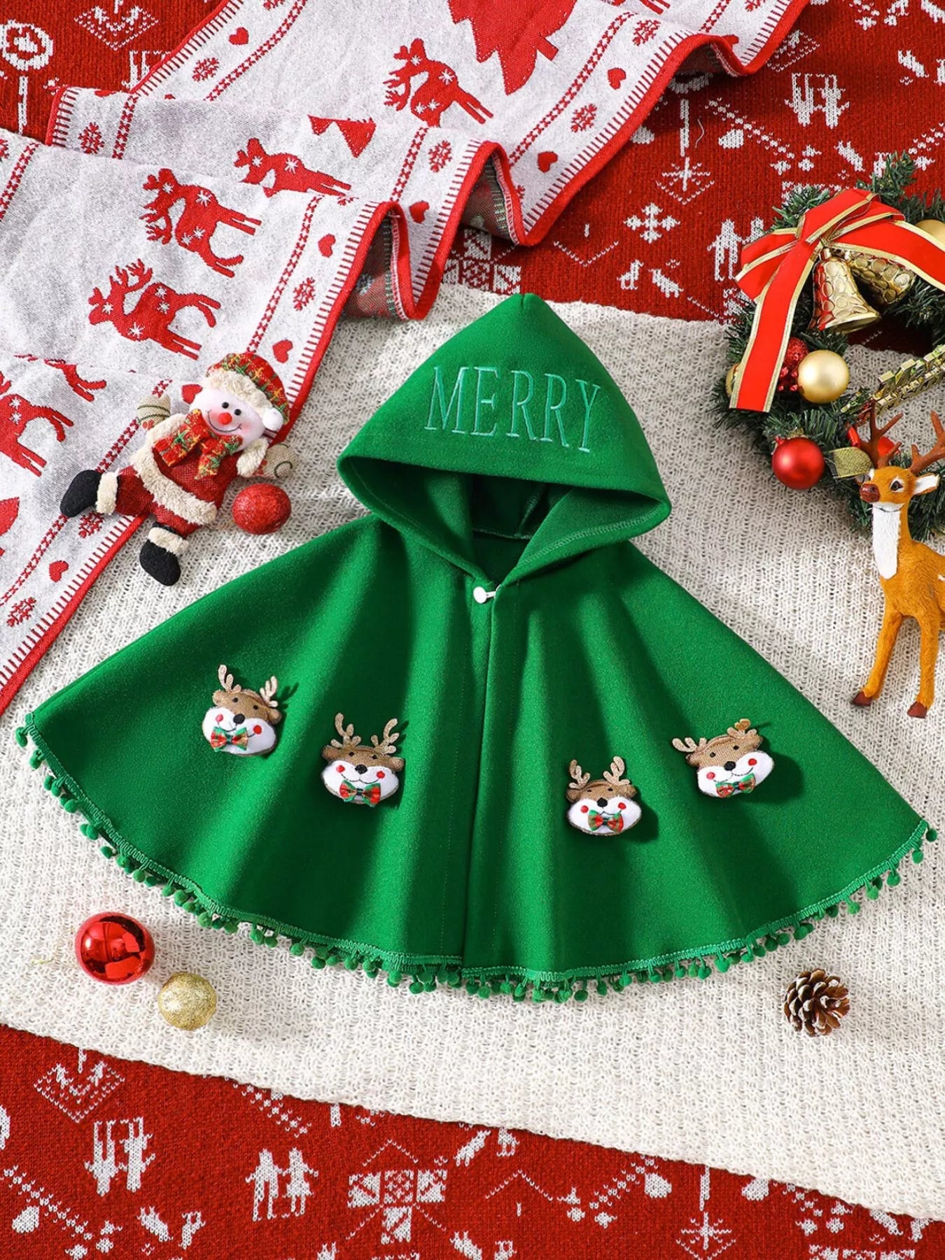 Children's Reindeer Embroidered Christmas Cape Outerwear 
