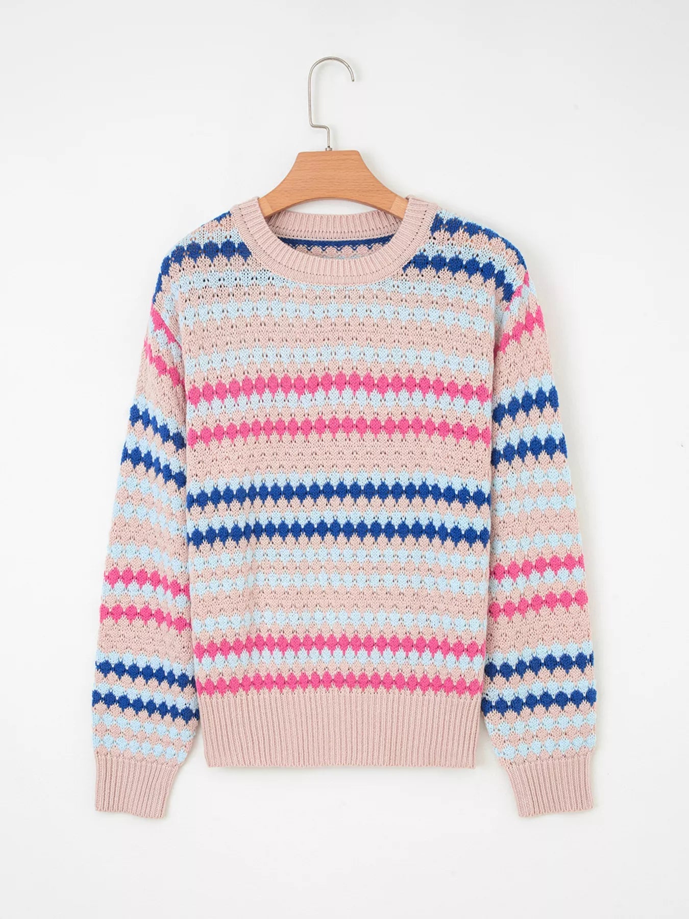 Stripe Eyelet Patterned Drop Shoulder Sweater 
