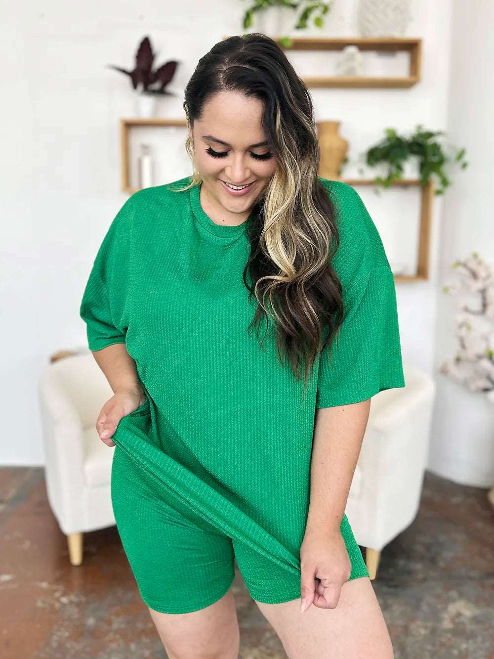 Double Take Full Size Texture Round Neck Drop Shoulder T-Shirt and Shorts Set 